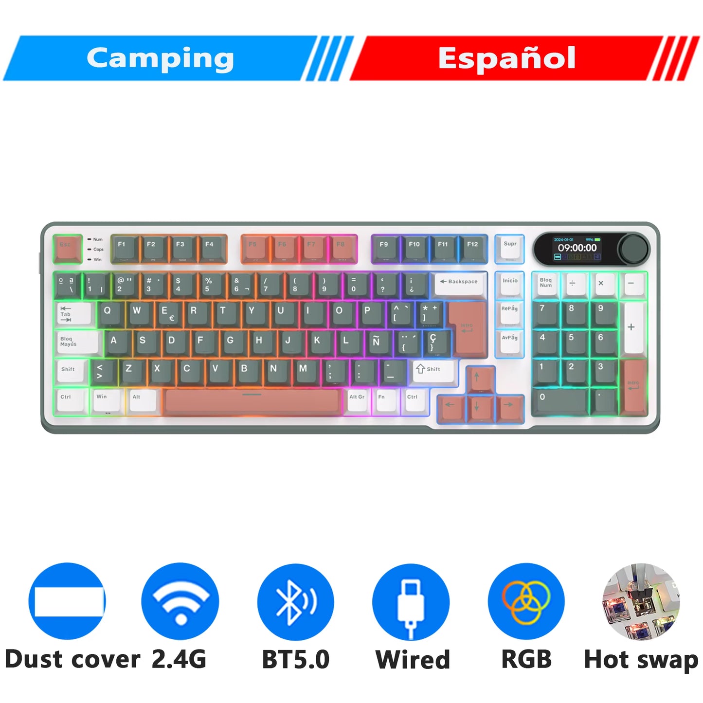ROYAL KLUDGE S98 Mechanical Keyboard Top Mount TFT Screen 98 Keys RGB BT5.0/2.4G/USB-C Wireless Gamer Keyboard Hot Swappable