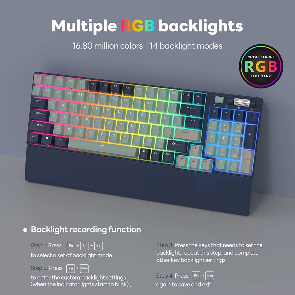ROYAL KLUDGE 96 RGB Tri-Mode BT5.0/2.4G/USB-C Hot-Swappable Mechanical Keyboard 96 Keys Bluetooth Wireless Gaming Keyboard
