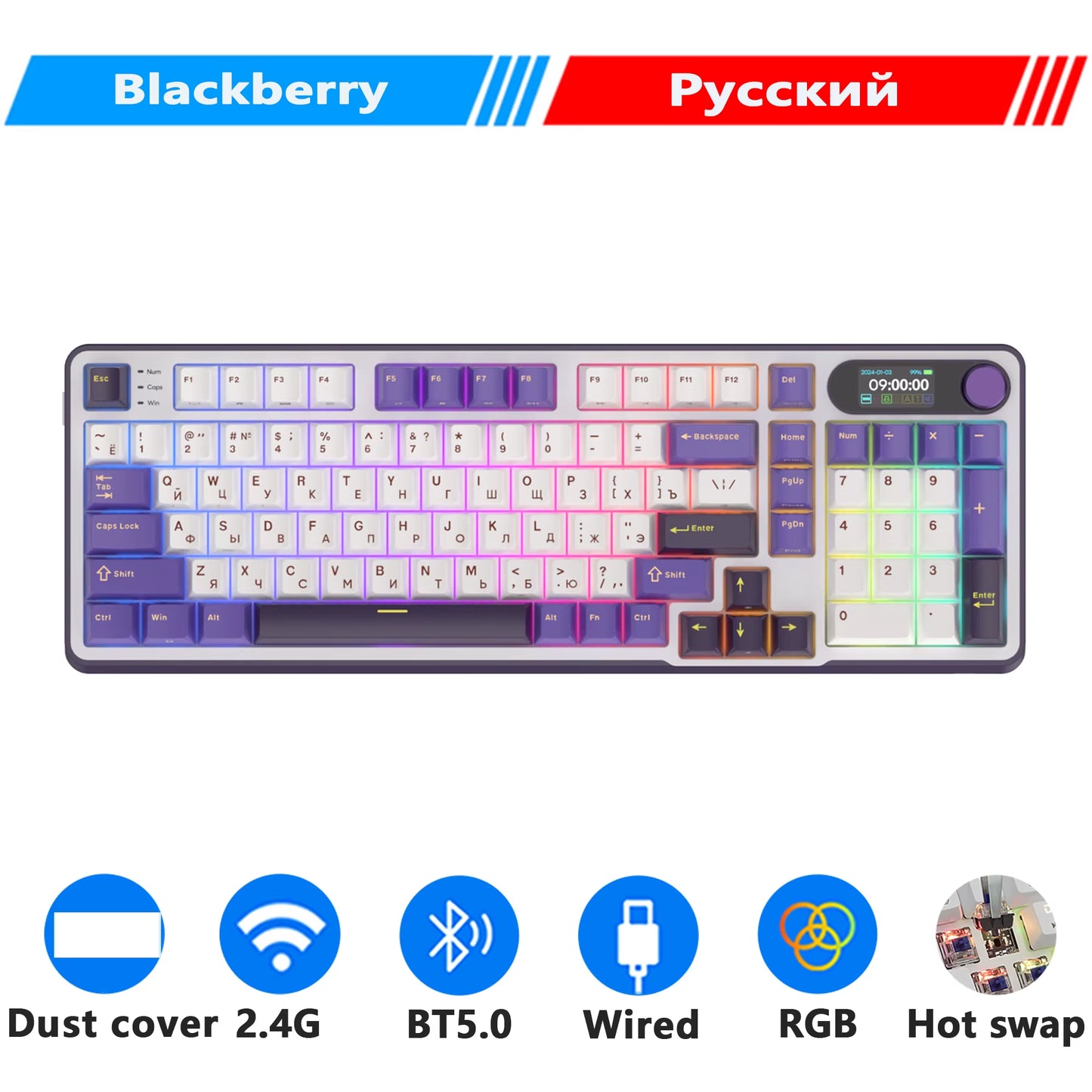 ROYAL KLUDGE S98 Mechanical Keyboard Top Mount TFT Screen 98 Keys RGB BT5.0/2.4G/USB-C Wireless Gamer Keyboard Hot Swappable