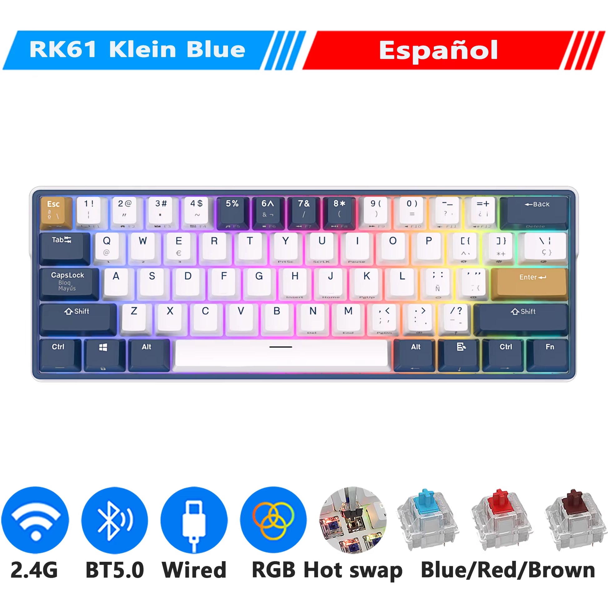 ROYAL KLUDGE RK61 plus 2.4G Wireless Bluetooh Mechanical Keyboard 61 Keys 60% Compact RGB Backlit Hot-Swappable Gaming Keyboards