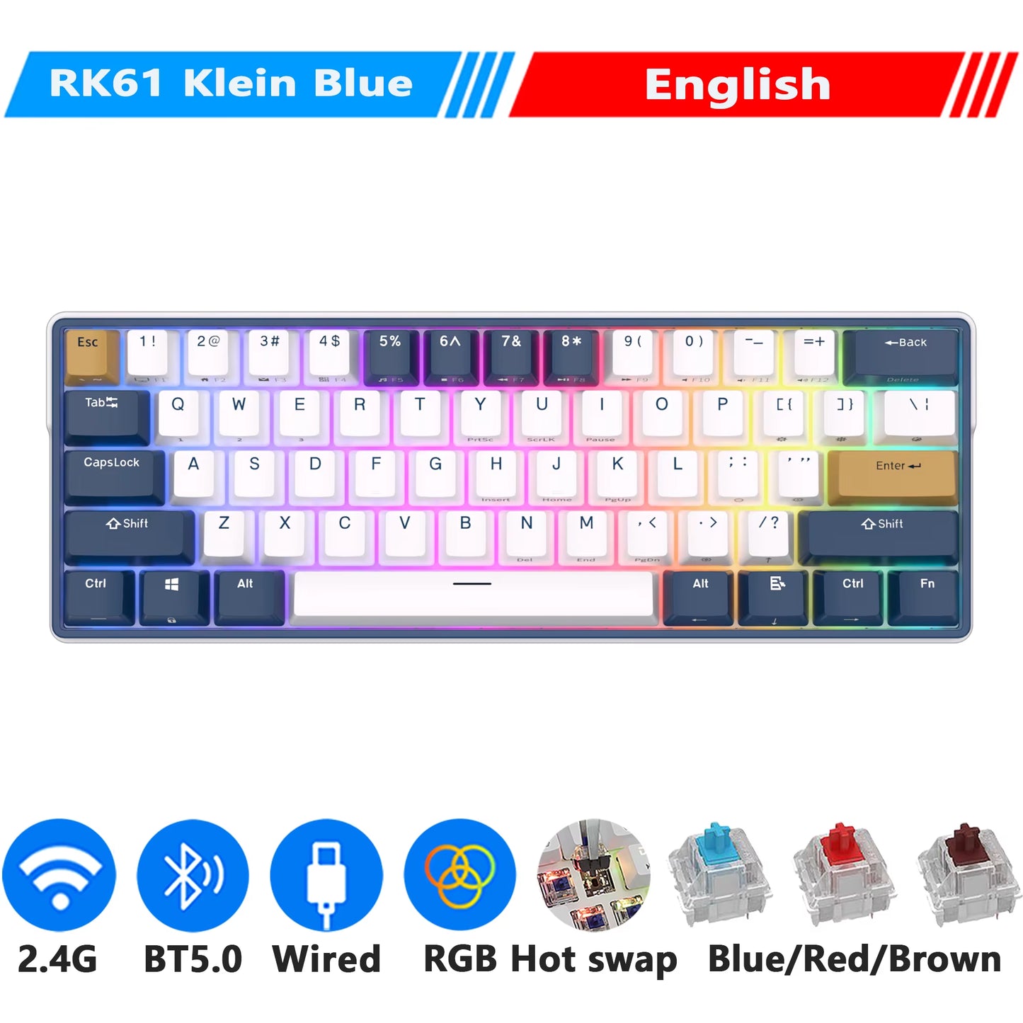 ROYAL KLUDGE RK61 plus 2.4G Wireless Bluetooh Mechanical Keyboard 61 Keys 60% Compact RGB Backlit Hot-Swappable Gaming Keyboards