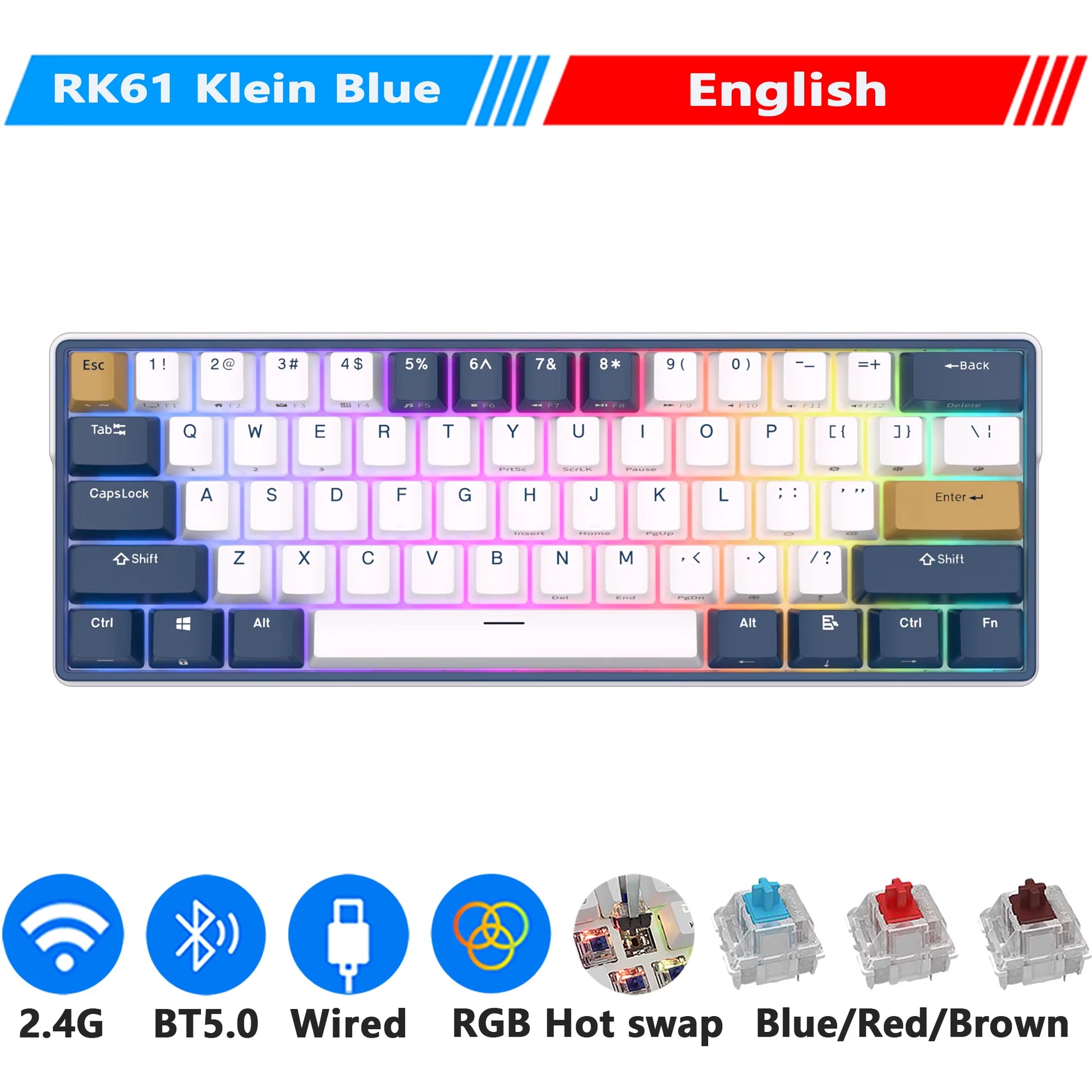 ROYAL KLUDGE RK61 plus 2.4G Wireless Bluetooh Mechanical Keyboard 61 Keys 60% Compact RGB Backlit Hot-Swappable Gaming Keyboards