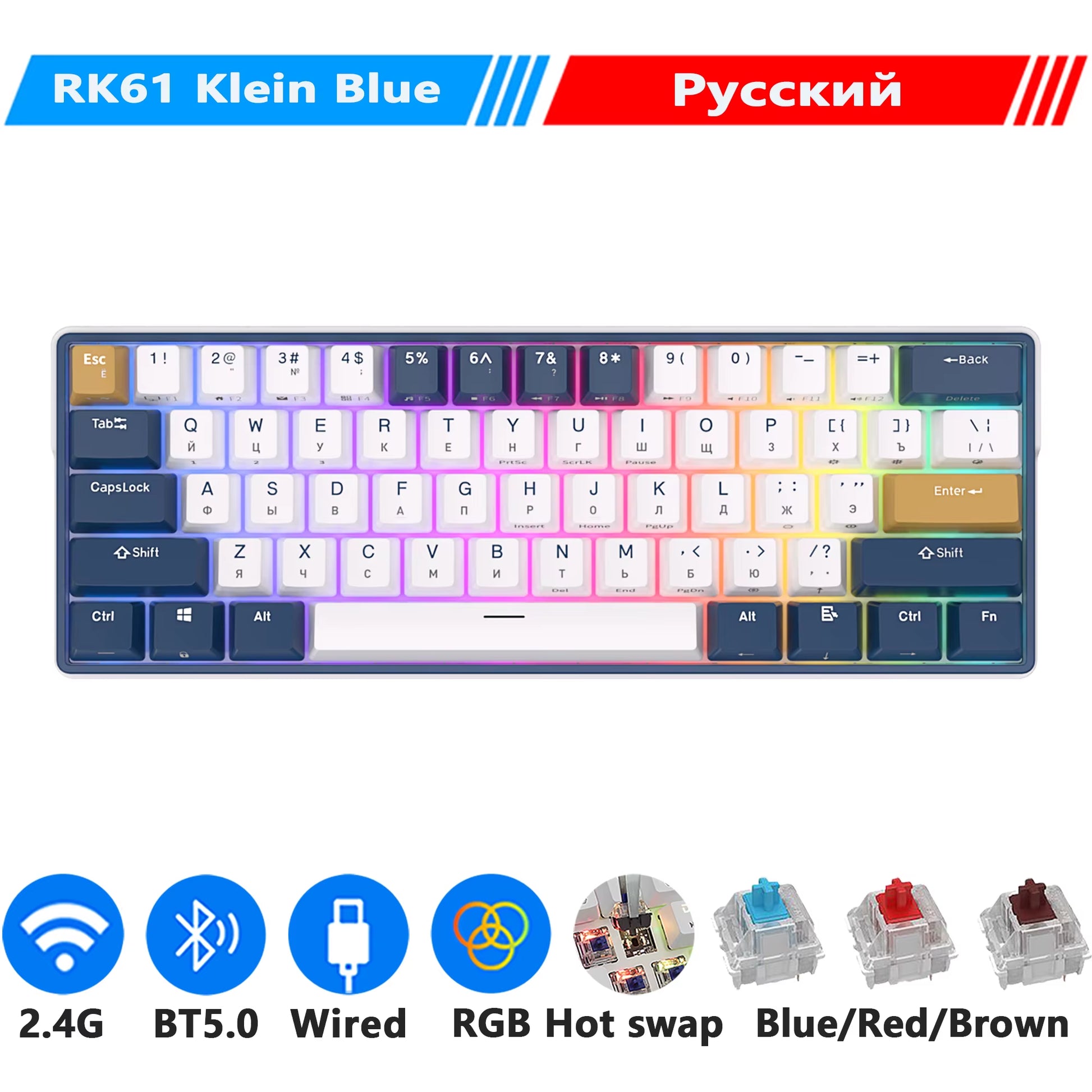 ROYAL KLUDGE RK61 plus 2.4G Wireless Bluetooh Mechanical Keyboard 61 Keys 60% Compact RGB Backlit Hot-Swappable Gaming Keyboards