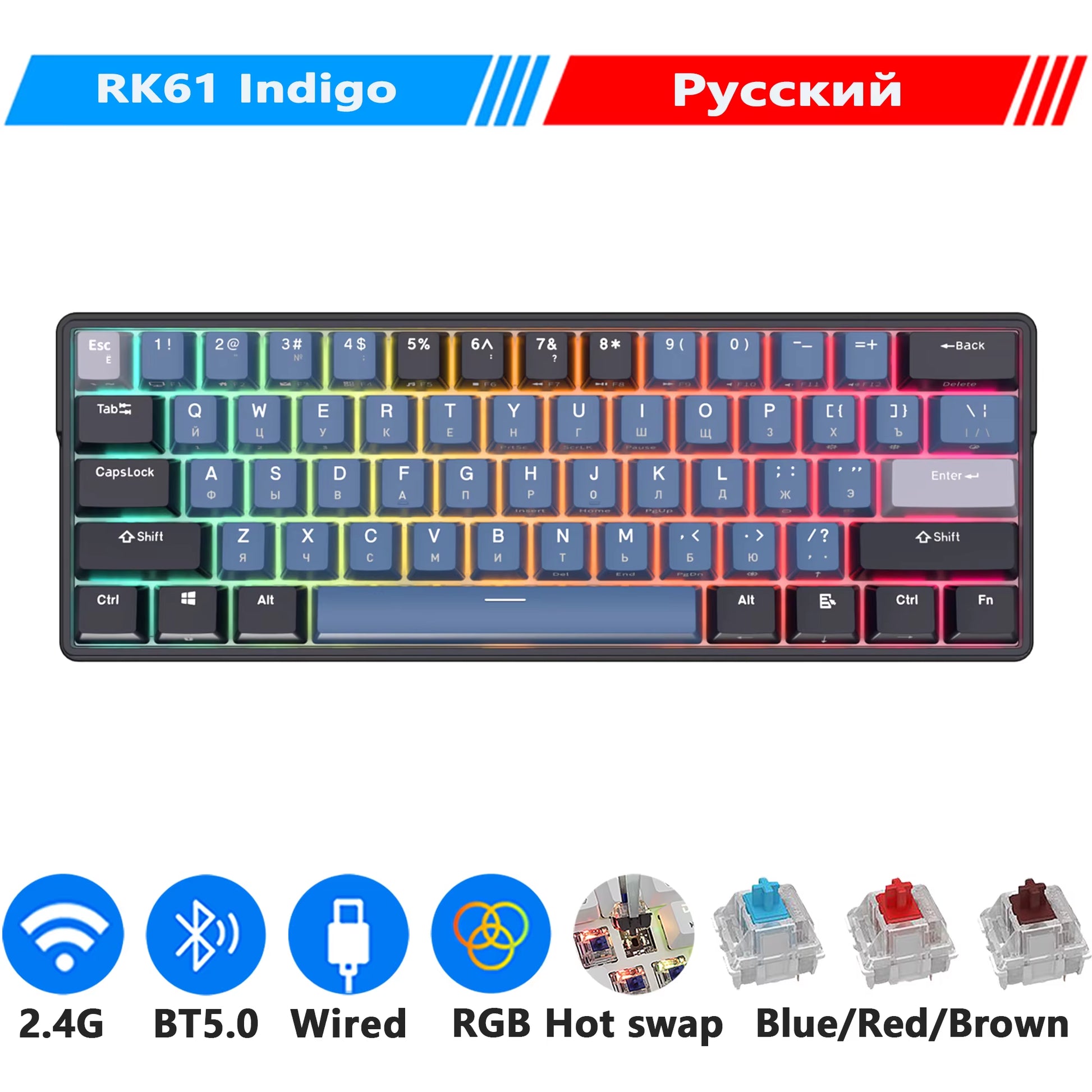 ROYAL KLUDGE RK61 plus 2.4G Wireless Bluetooh Mechanical Keyboard 61 Keys 60% Compact RGB Backlit Hot-Swappable Gaming Keyboards