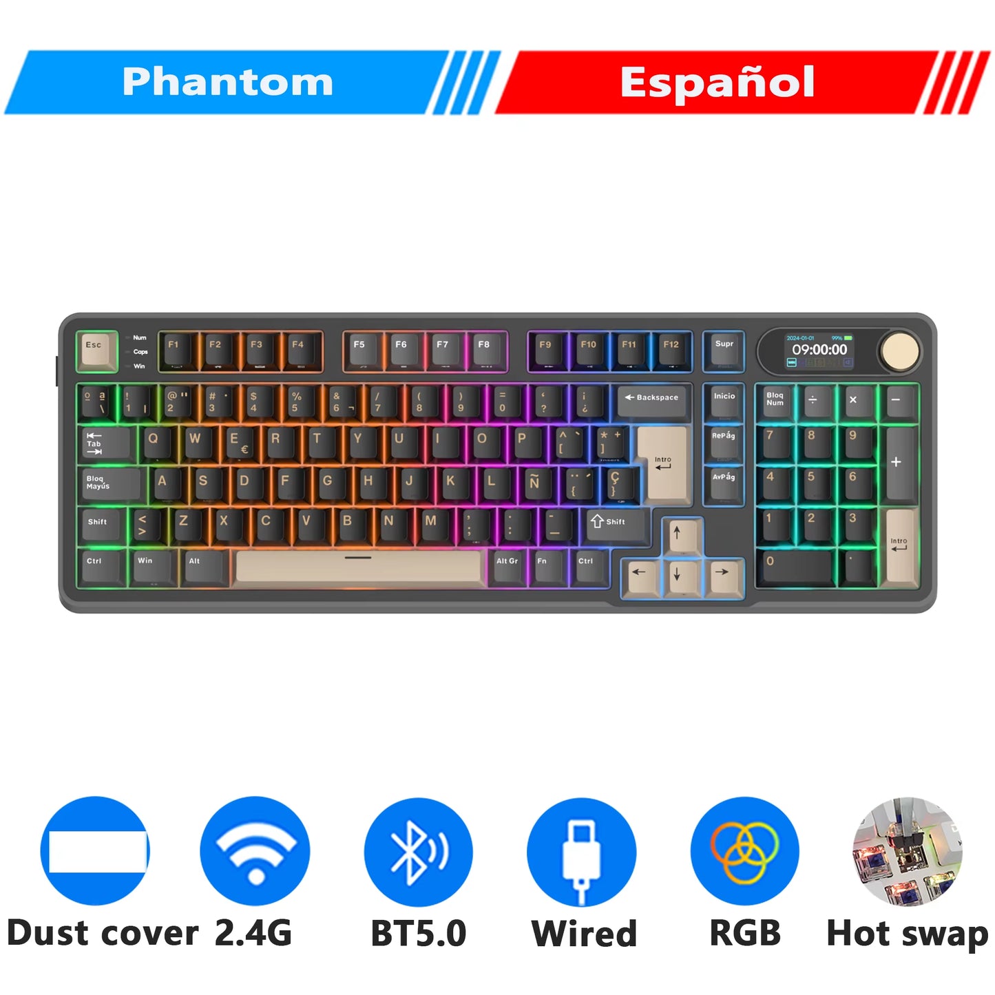 ROYAL KLUDGE S98 Mechanical Keyboard Top Mount TFT Screen 98 Keys RGB BT5.0/2.4G/USB-C Wireless Gamer Keyboard Hot Swappable