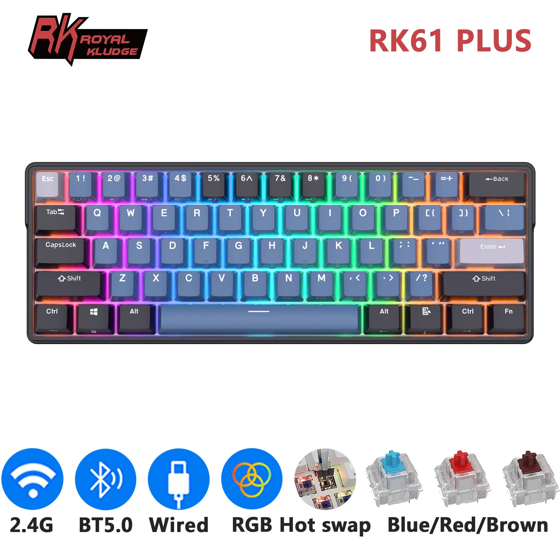 ROYAL KLUDGE RK61 plus 2.4G Wireless Bluetooh Mechanical Keyboard 61 Keys 60% Compact RGB Backlit Hot-Swappable Gaming Keyboards