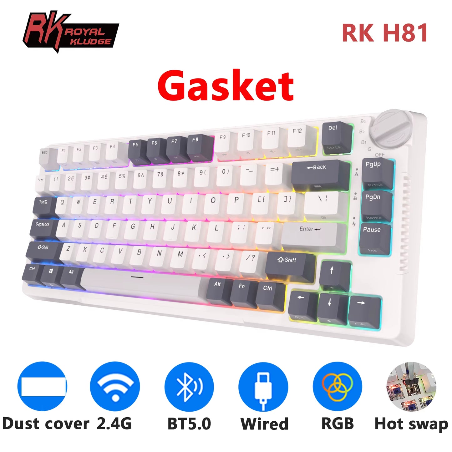 H81 Royal Kludge Gasket Structure Tri-Mode Mechanical Keyboard 81 Key 80% RGB Backlit 2.4G Wireless Bluetooth Gamer Keyboard