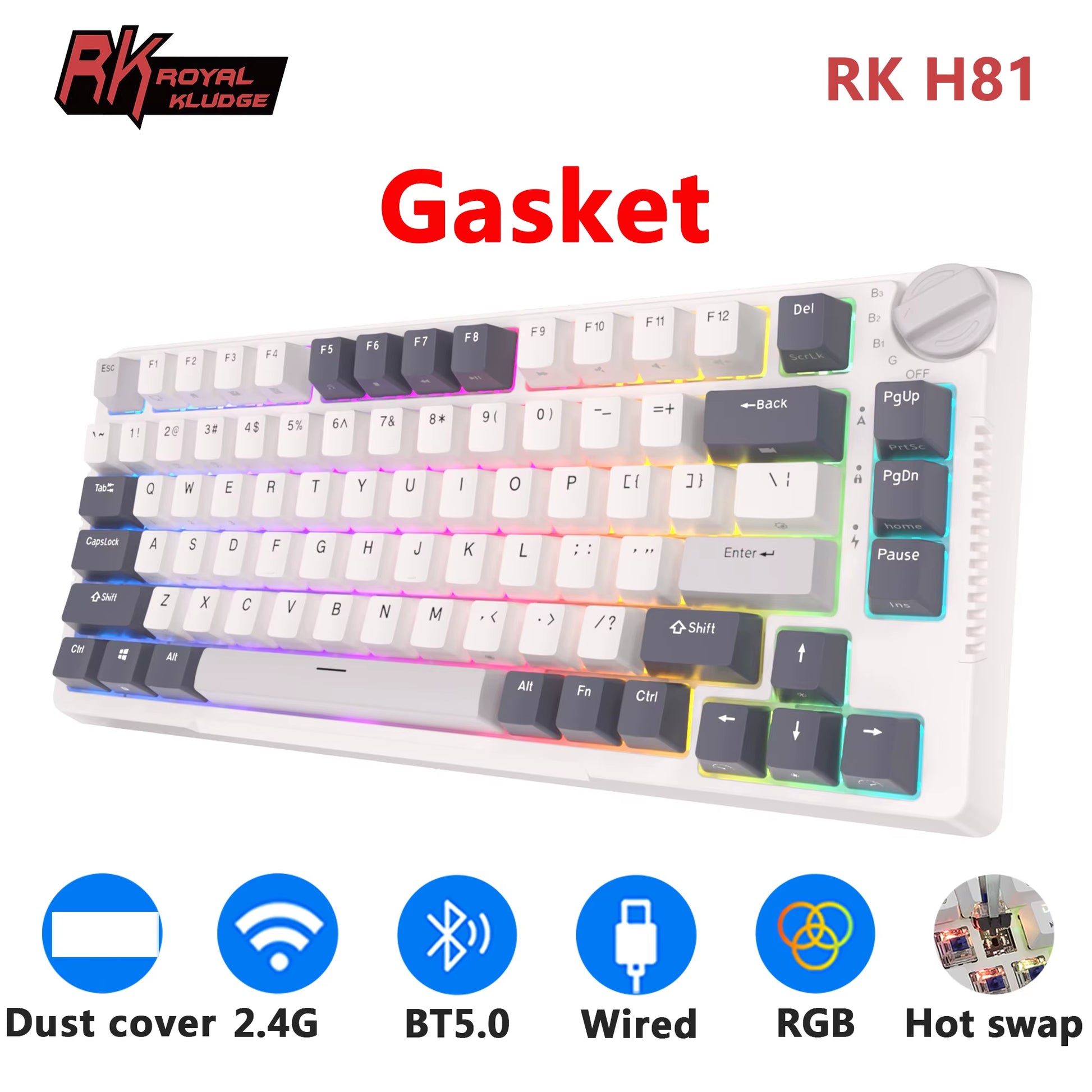 H81 Royal Kludge Gasket Structure Tri-Mode Mechanical Keyboard 81 Key 80% RGB Backlit 2.4G Wireless Bluetooth Gamer Keyboard