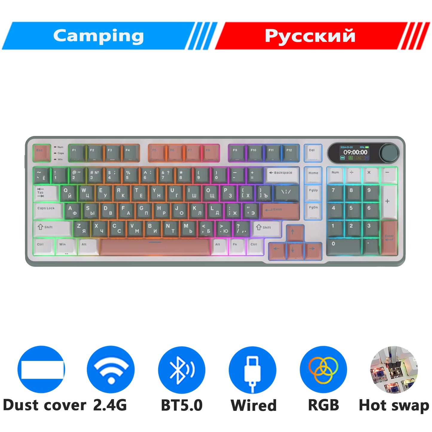 ROYAL KLUDGE S98 Mechanical Keyboard Top Mount TFT Screen 98 Keys RGB BT5.0/2.4G/USB-C Wireless Gamer Keyboard Hot Swappable