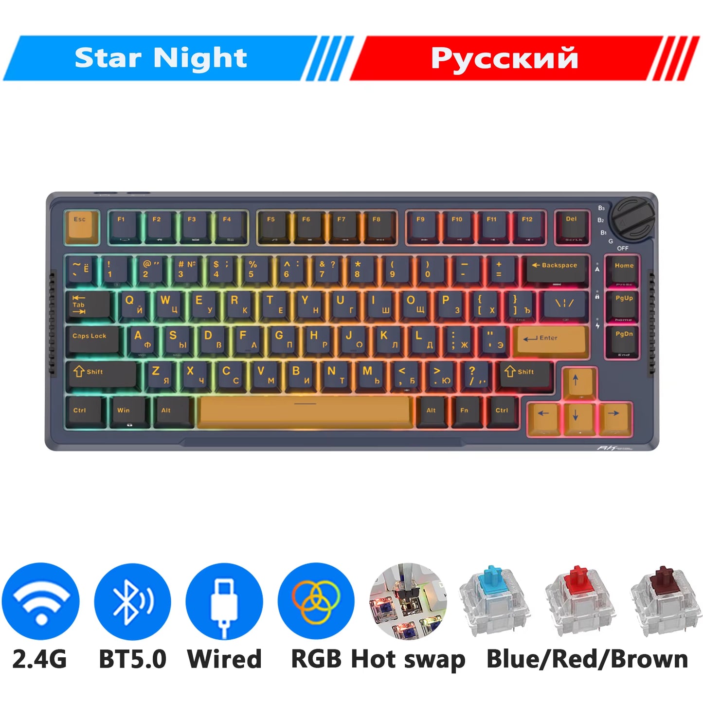 H81 Royal Kludge Gasket Structure Tri-Mode Mechanical Keyboard 81 Key 80% RGB Backlit 2.4G Wireless Bluetooth Gamer Keyboard
