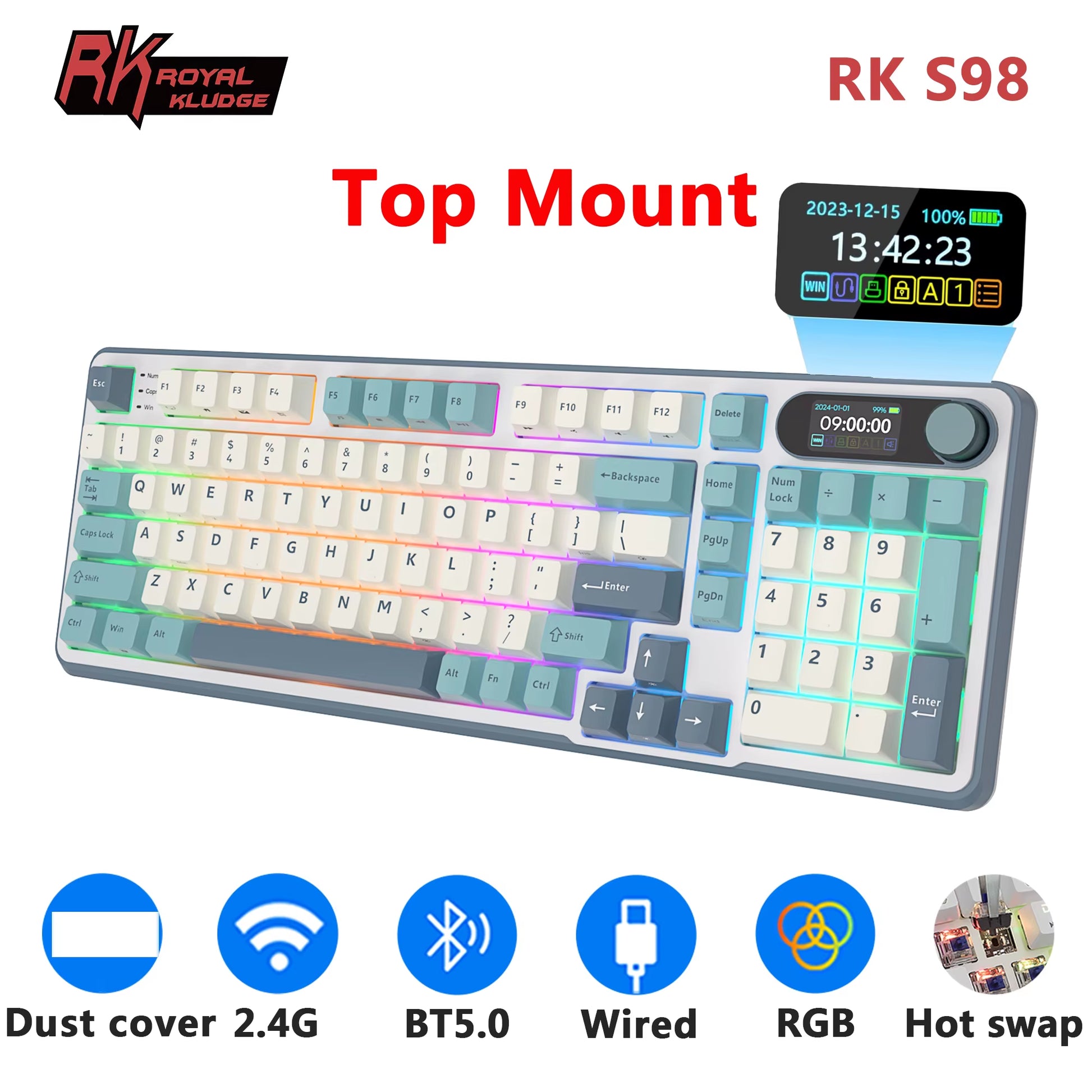 ROYAL KLUDGE S98 Mechanical Keyboard Top Mount TFT Screen 98 Keys RGB BT5.0/2.4G/USB-C Wireless Gamer Keyboard Hot Swappable